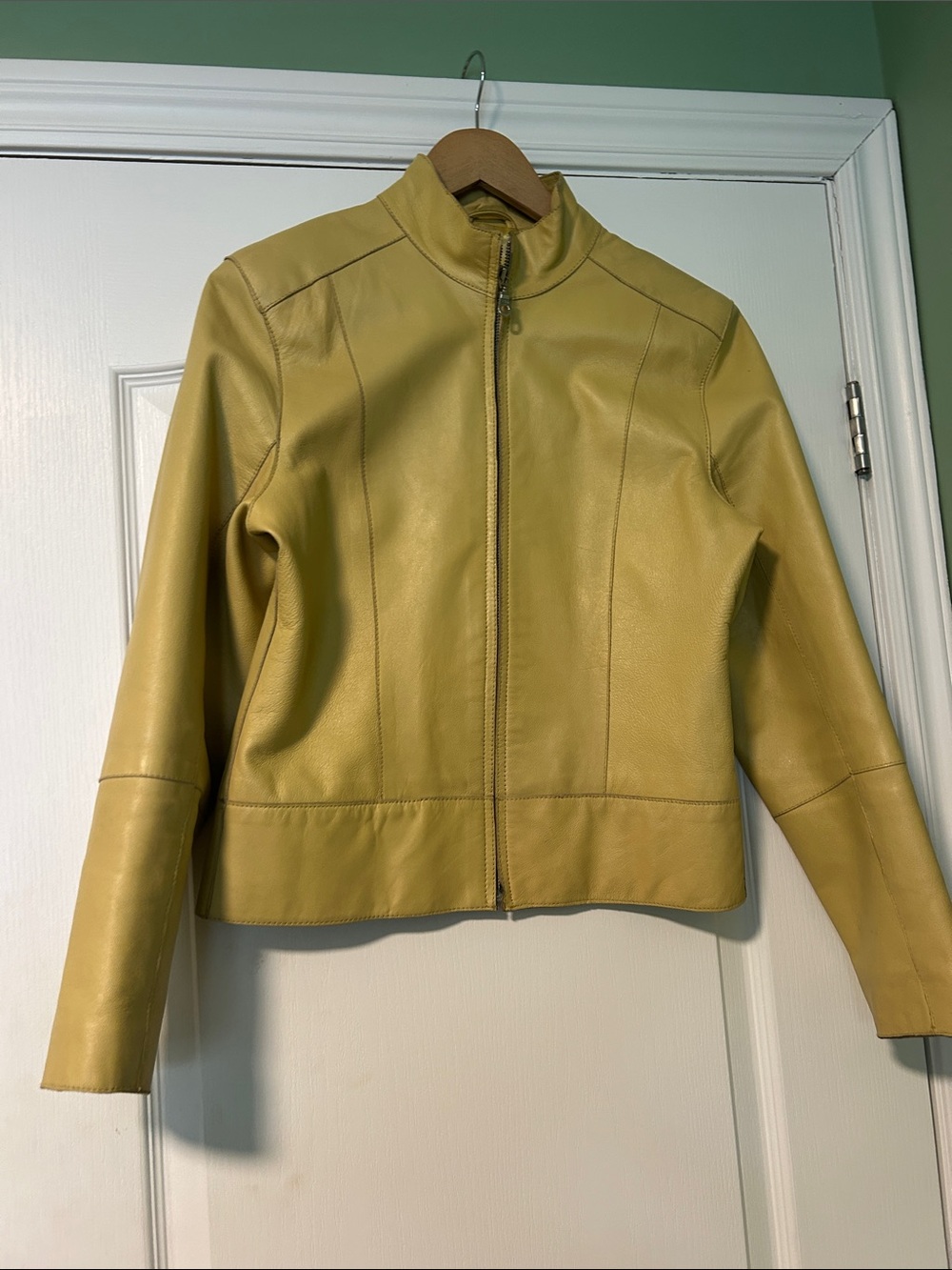 Women's Yellow Leather Zip Jacket - Sleek Stand Collar